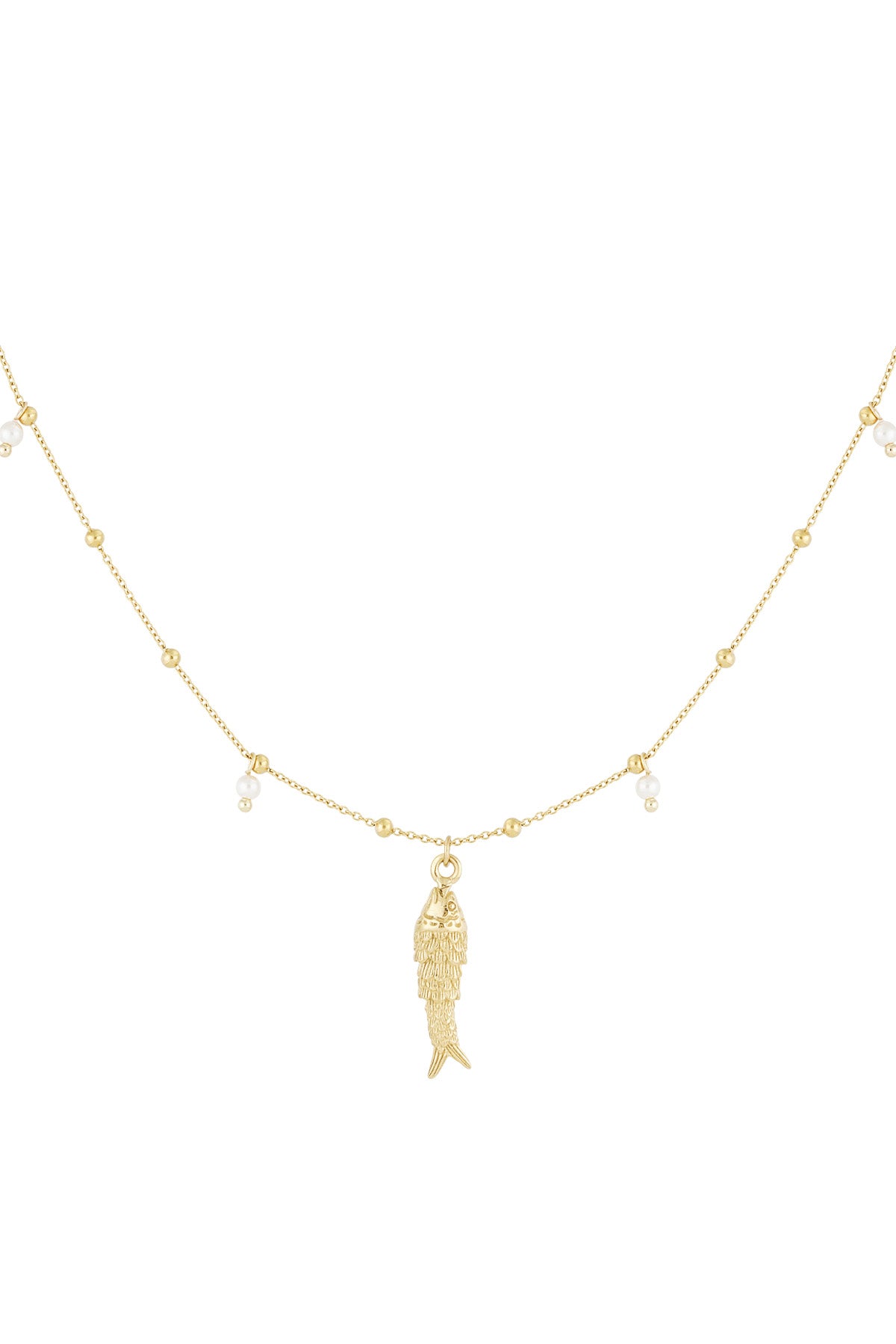 Gold-toned fish charm necklace with pearl bead accents on white background
