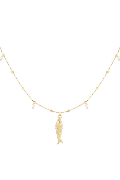 Gold-toned fish charm necklace with pearl bead accents on white background