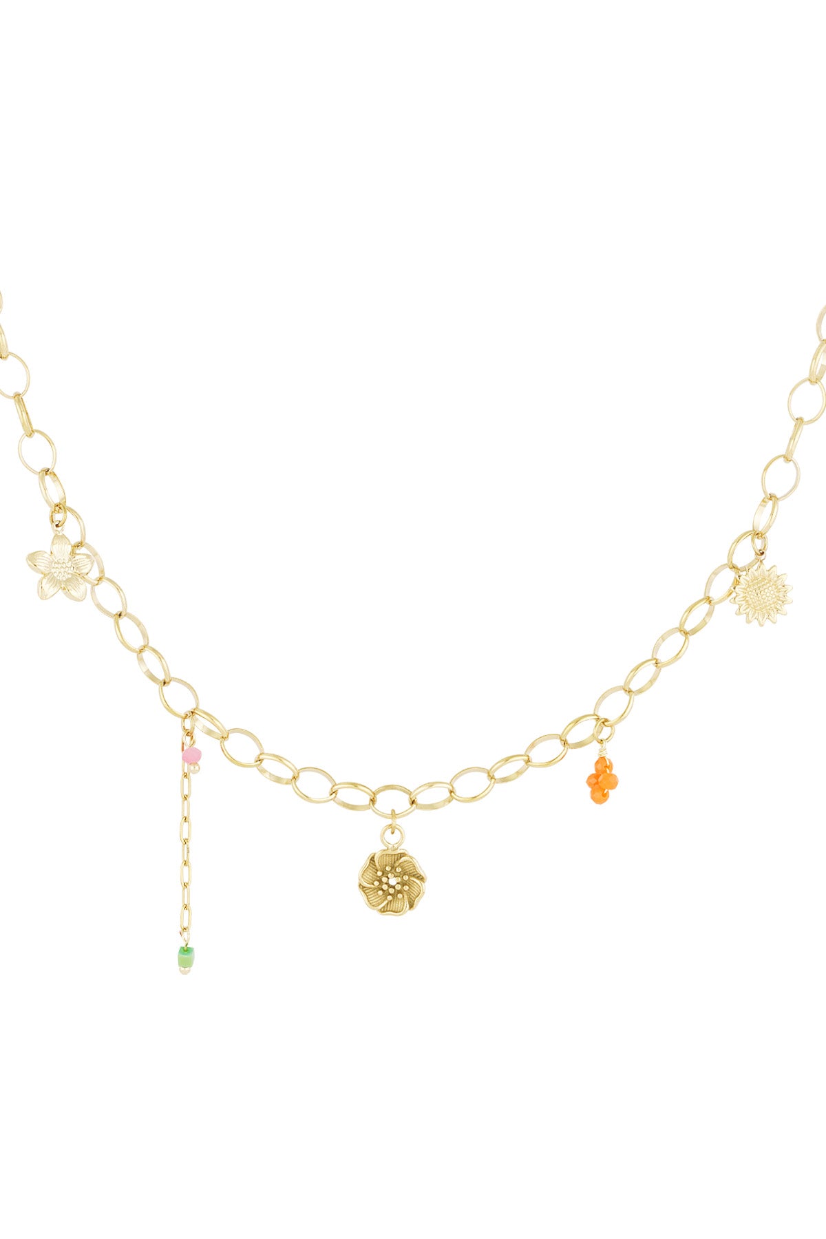Gold chain necklace with flower charms and colourful beads on a white background