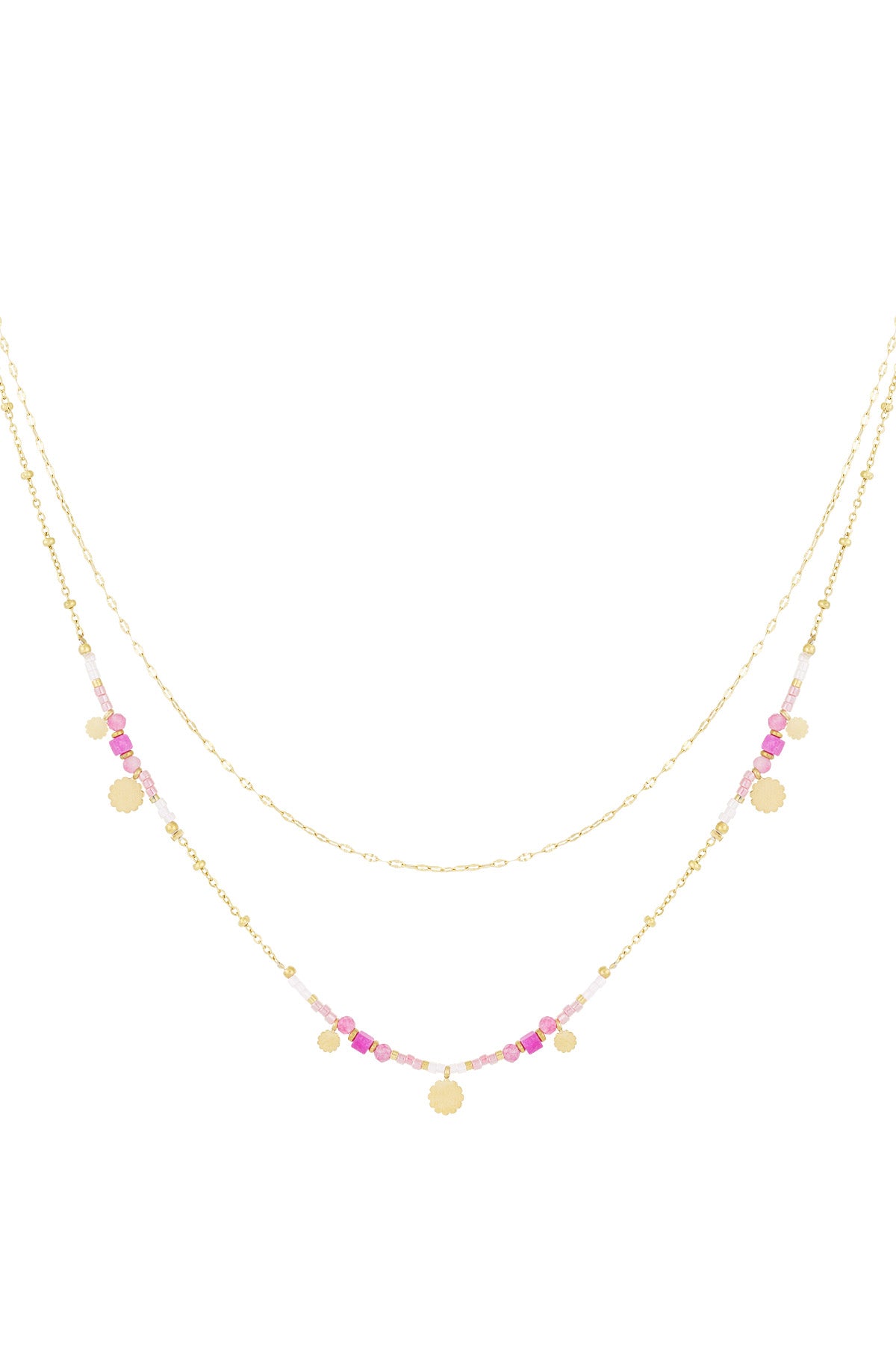 Double layered necklace with gold chains and pink lilac beads adorned with small gold sunburst charms on a white background