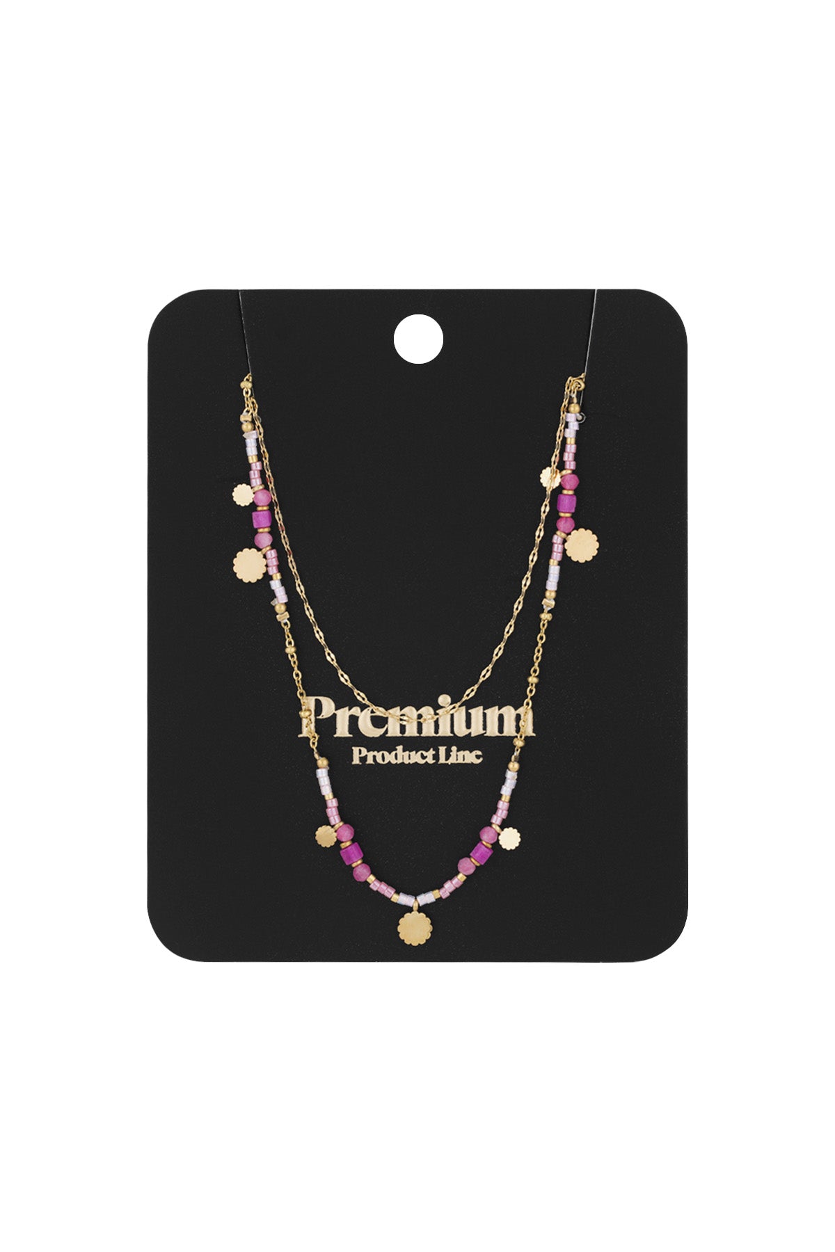 Gold-tone double layered necklace with pink and lilac beads displayed on black jewelry card labeled Premium Product Line