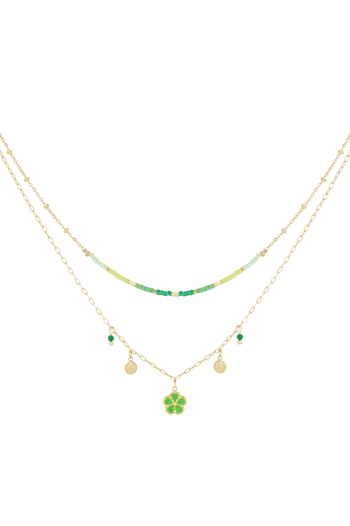 Double-layered gold-tone necklace with green and light green beads and a flower pendant on a white background