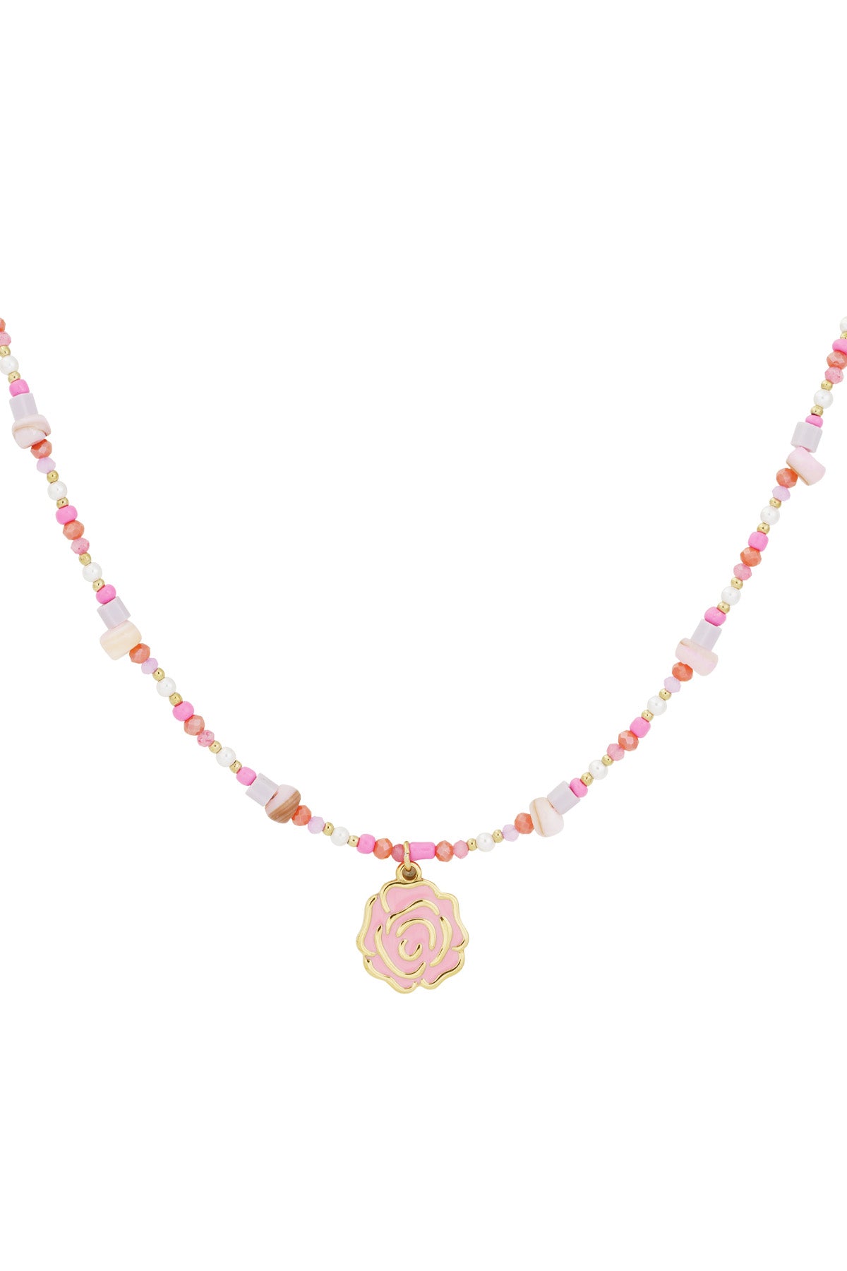 Close-up of pink beaded necklace featuring a gold-tone rose pendant on a white background