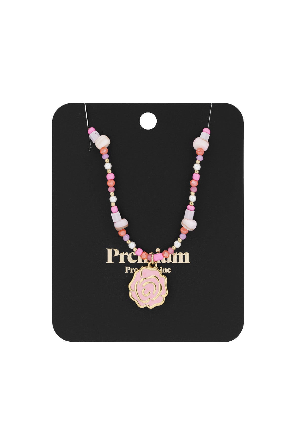 Pink beaded rose necklace displayed on a black jewelry card with gold text