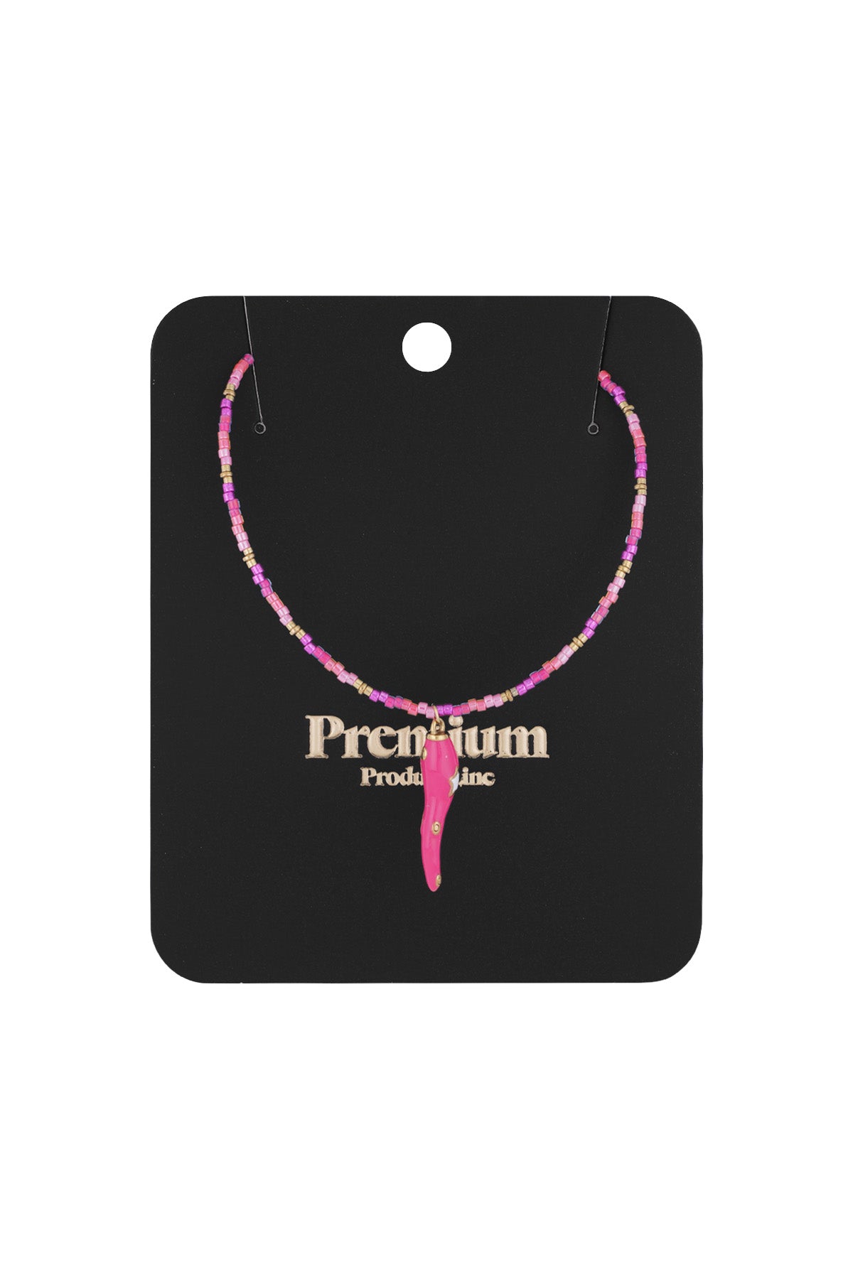 Pink and gold beaded choker necklace with chili pepper pendant displayed on black premium packaging card