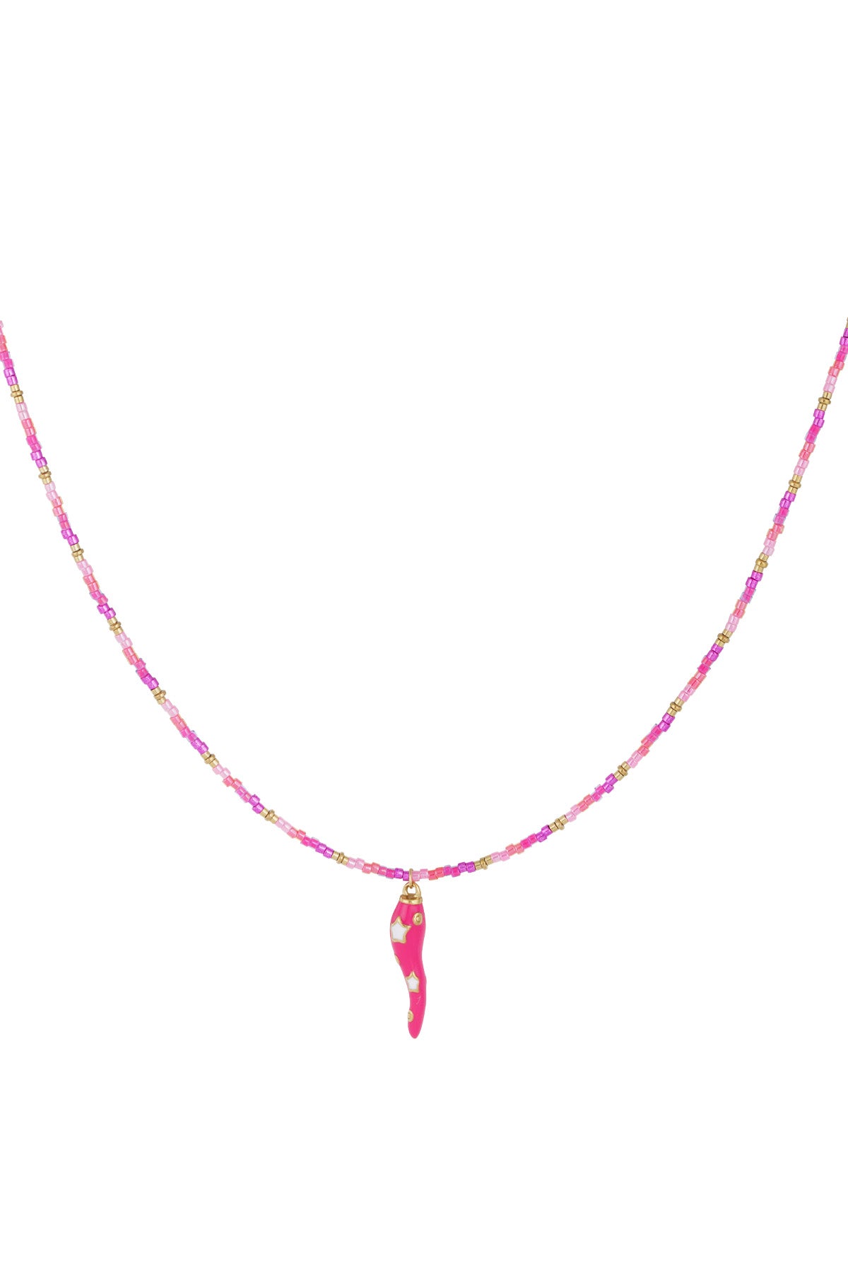 Close-up of pink and gold beaded necklace with bright pink chili pepper pendant decorated with white stars on white background
