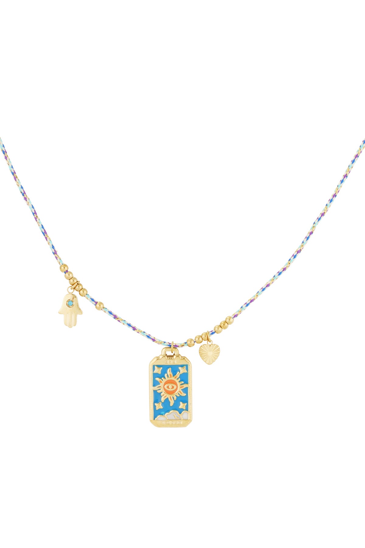 Braided necklace with gold sun charm on blue enamel, heart and Hamsa hand charms on braided multi-colour cord