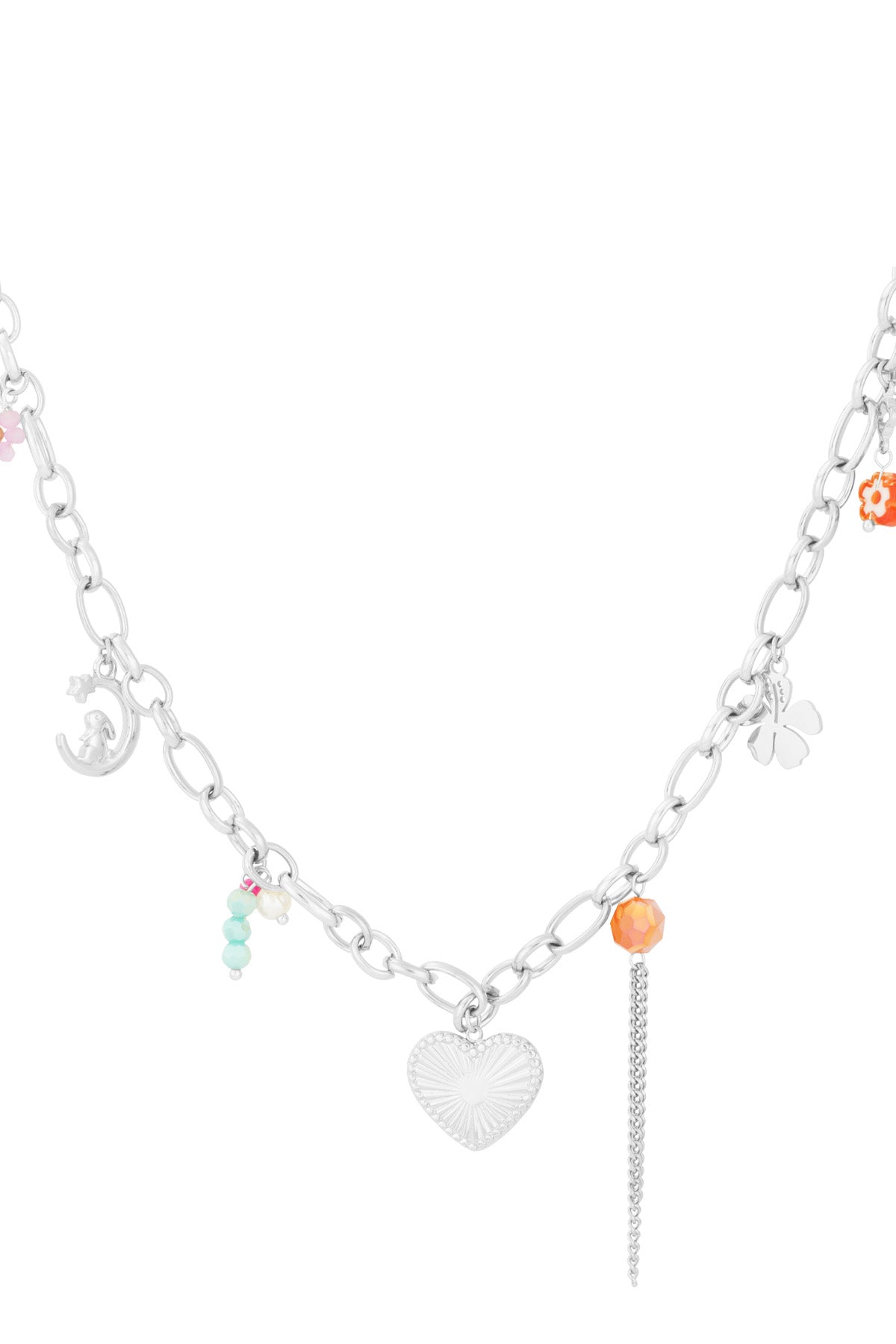 Silver variant of charm chain necklace with heart pendant, clover, crescent moon charms and colourful beads on white background