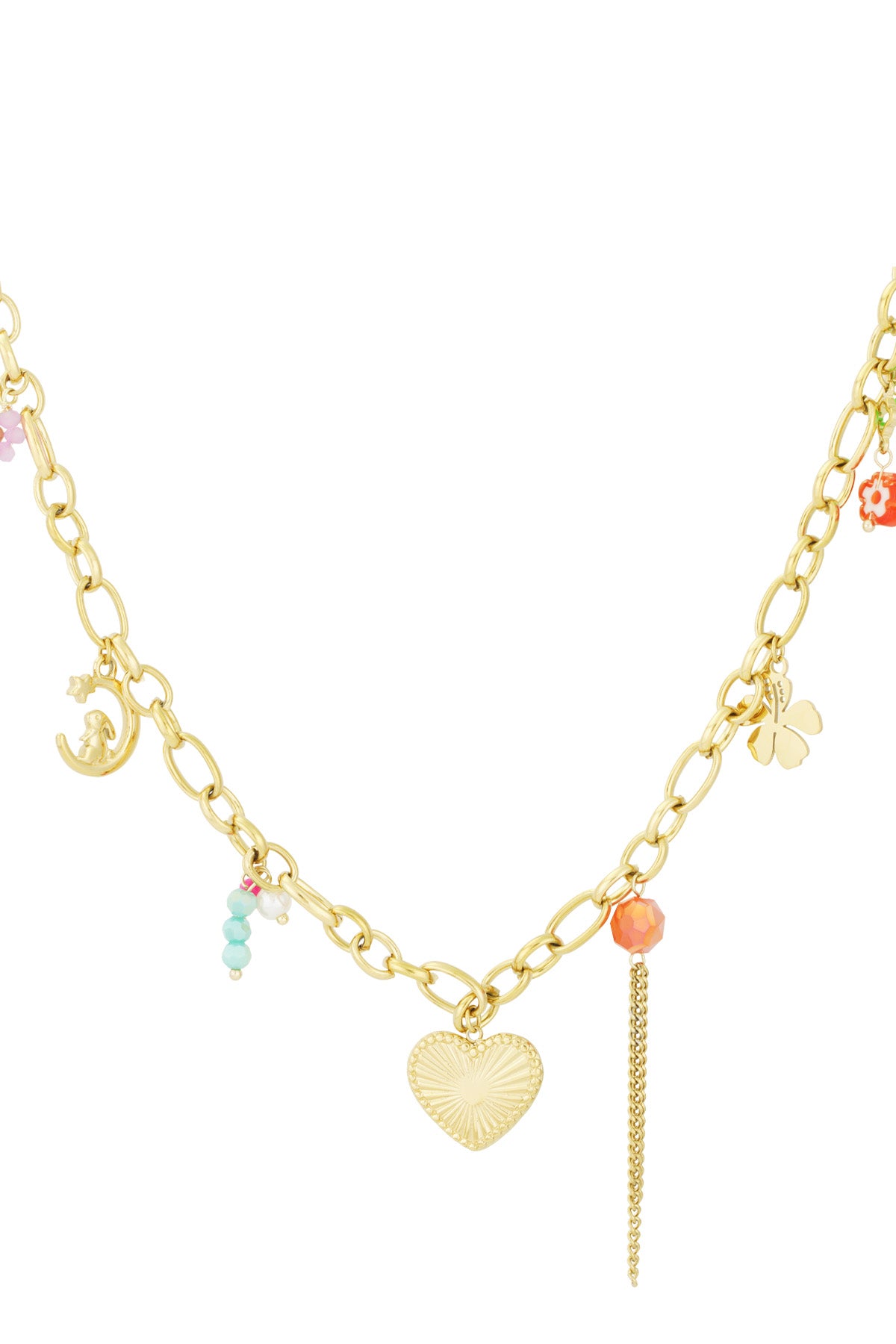 Gold chain charm necklace with heart pendant, clover, crescent moon charm, and colourful bead accents on white background