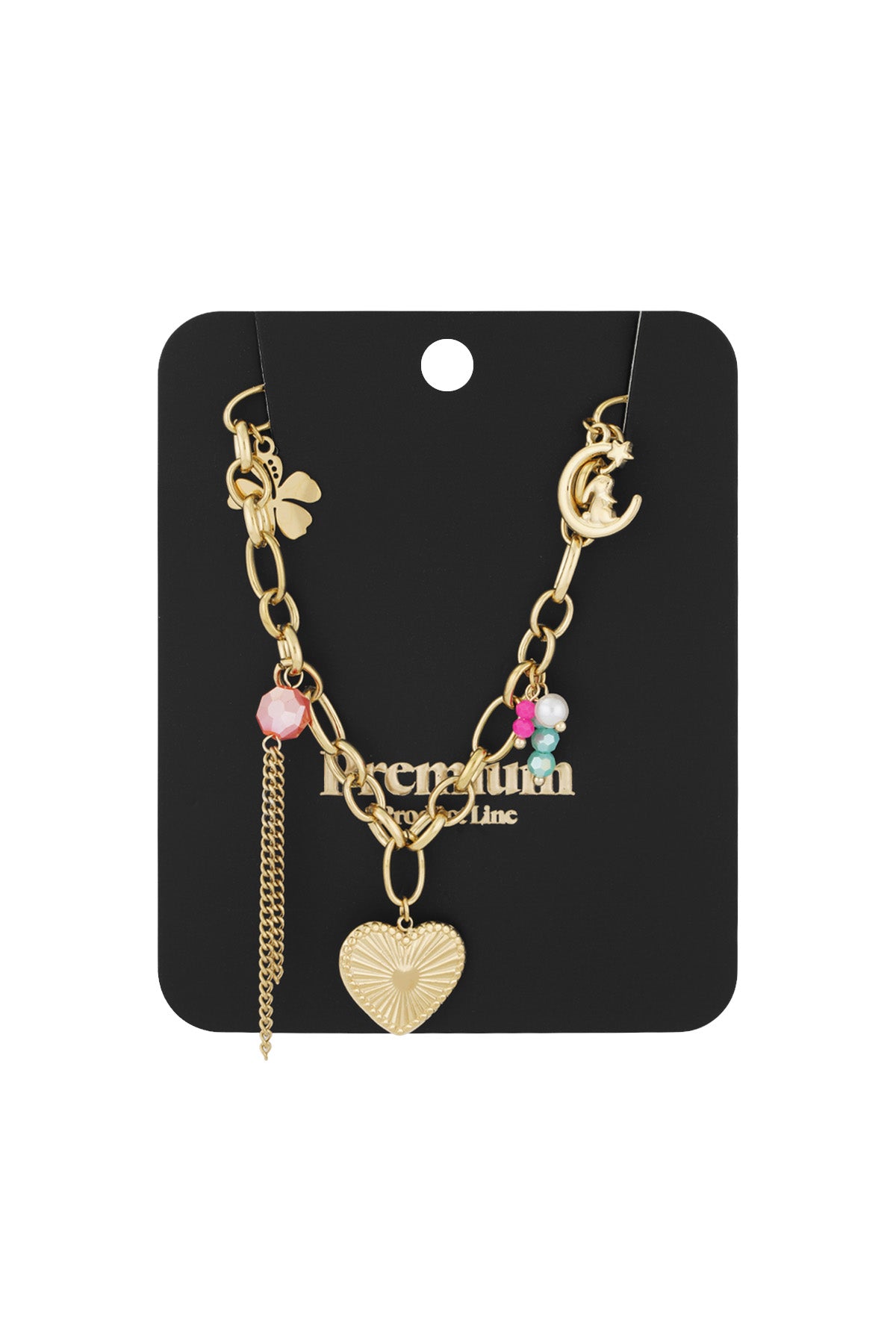 Gold charm necklace displayed on black branded card showing detailed heart pendant, crescent moon charm, clover, and colourful beads