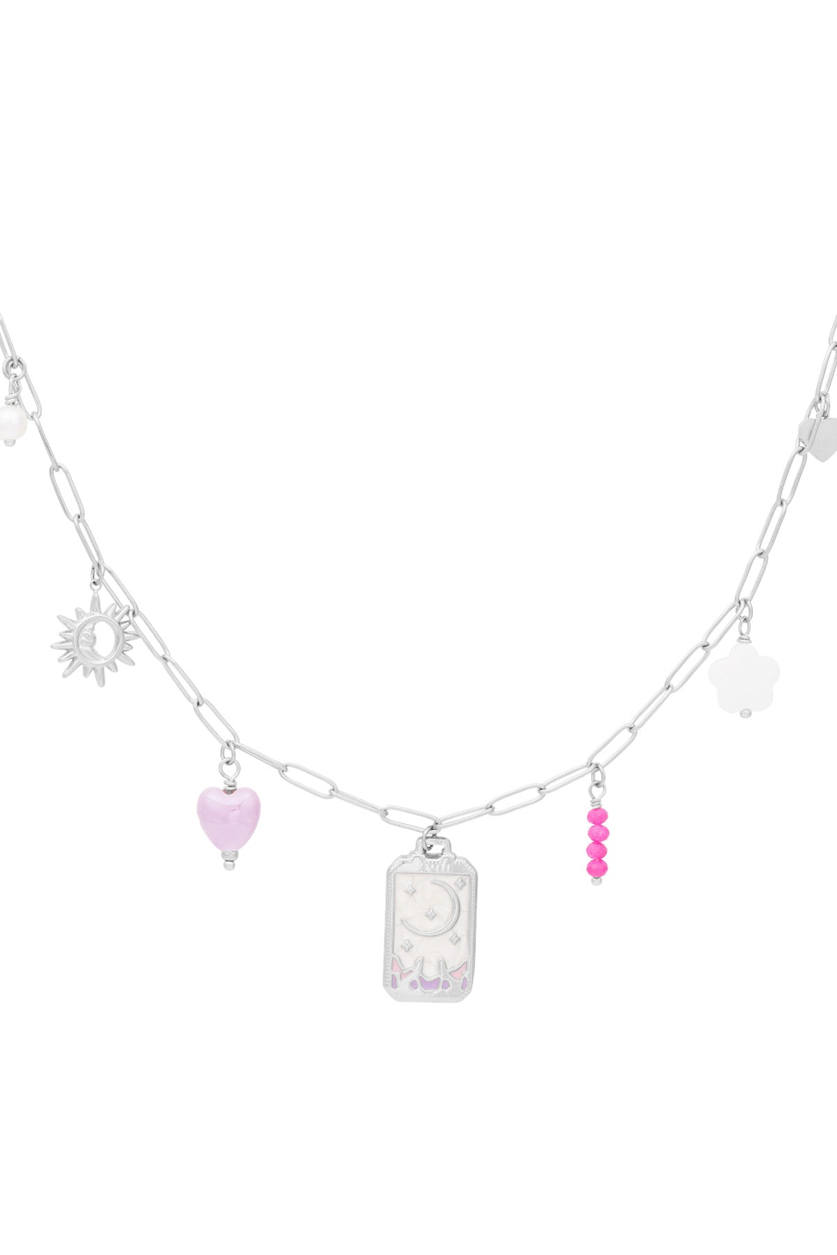 Silver-tone version of the charm necklace with the same colourful charms, isolated on white background