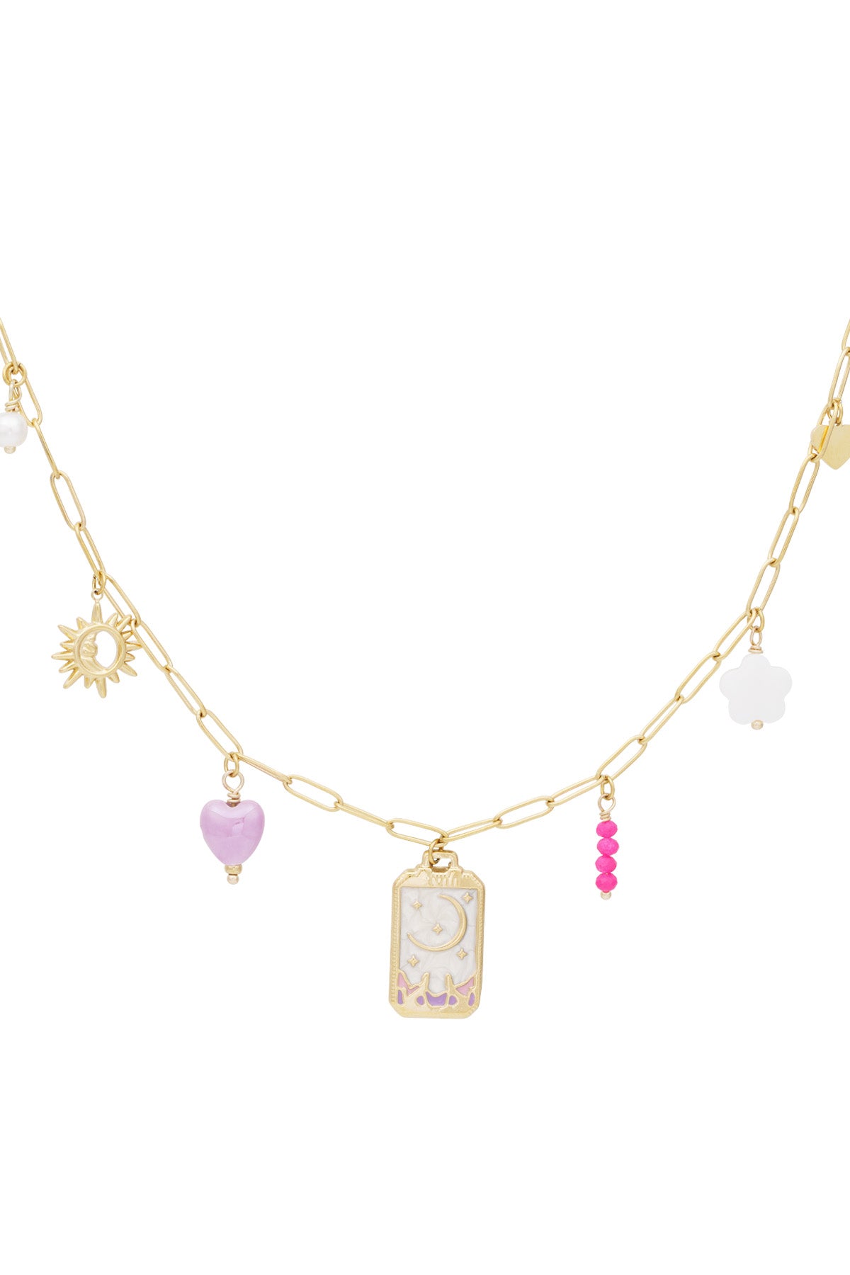 Gold-tone charm necklace with chain links featuring sun/moon, pink heart, rectangular charm with crescent moon, pink beads, and white flower charms on white background