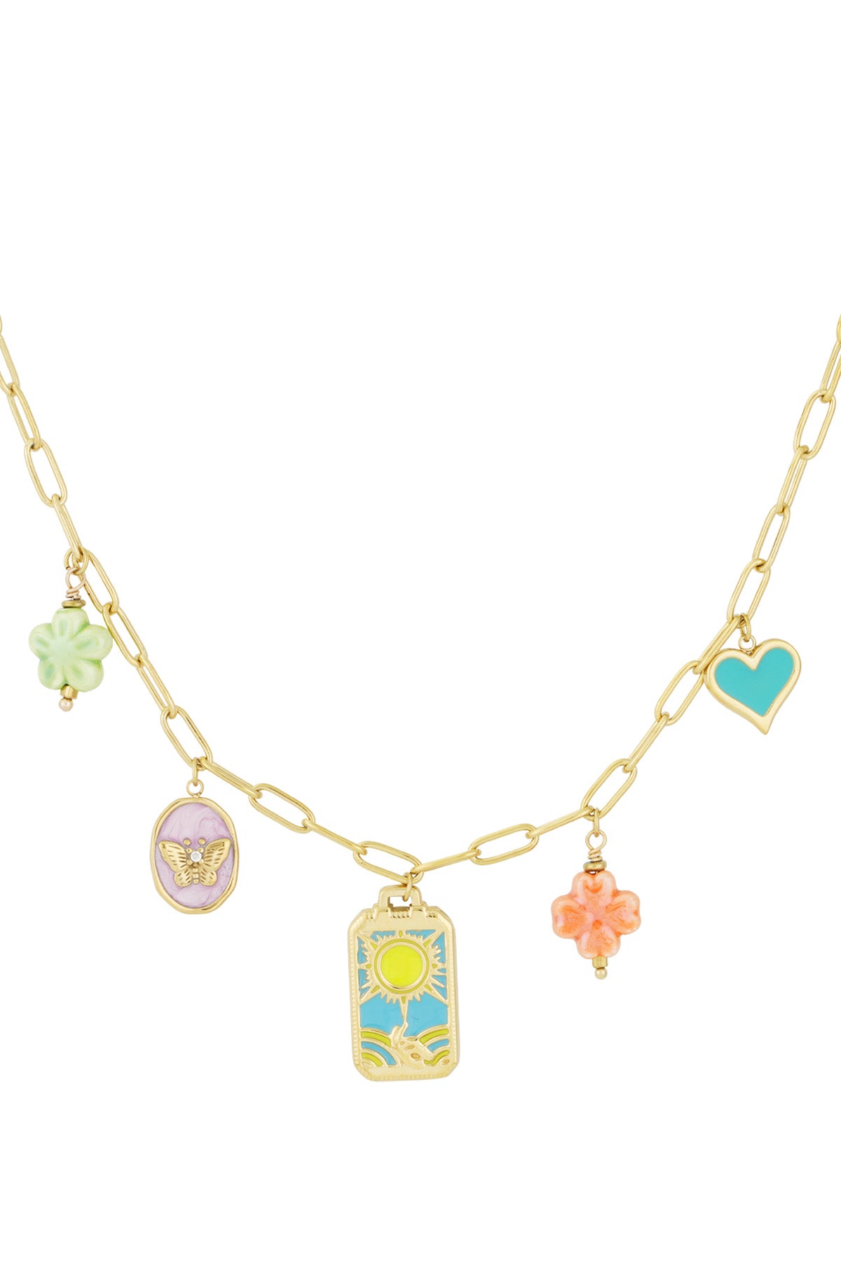 Gold-tone charm link necklace featuring colourful enamel charms including turquoise heart, pastel flowers, butterfly cameo, and sun motif on blue background