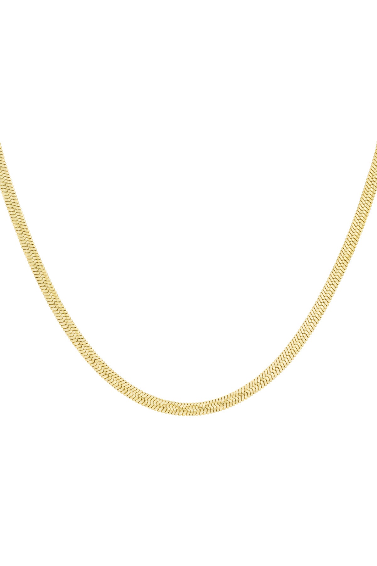 Close-up of a smooth flat gold herringbone chain necklace on white background