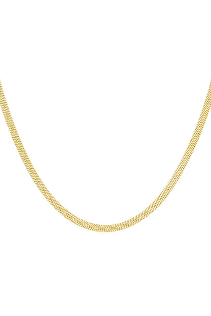 Close-up of a smooth flat gold herringbone chain necklace on white background