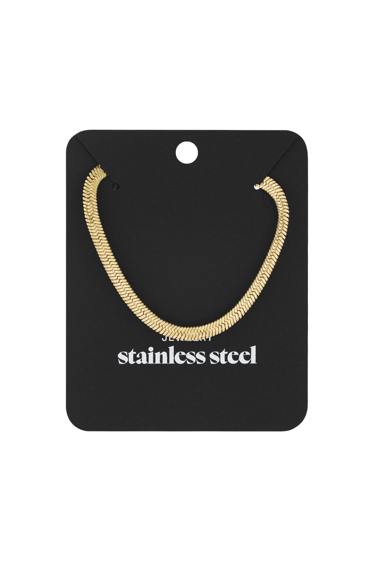 Gold herringbone chain necklace displayed on a black jewelry card labeled stainless steel