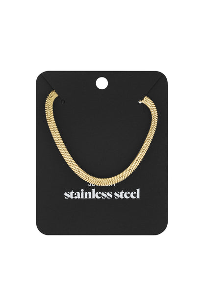Gold herringbone chain necklace displayed on a black jewelry card labeled stainless steel