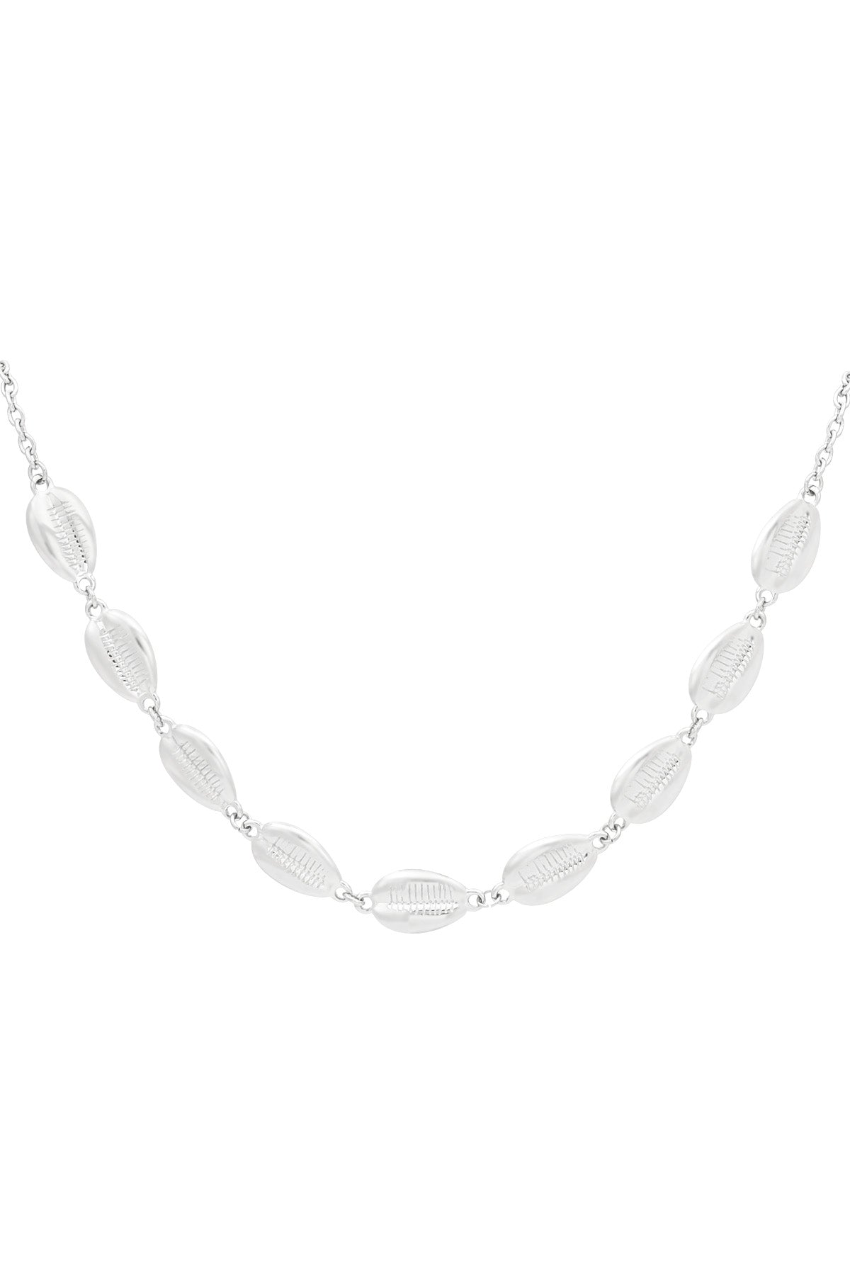 Close-up of shell-shaped silver chain necklace links on white background