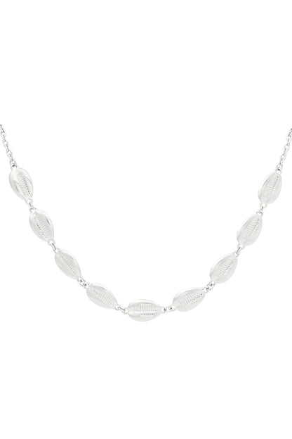Close-up of shell-shaped silver chain necklace links on white background