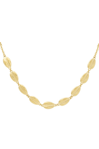 Close-up of shell-shaped gold chain necklace links on white background