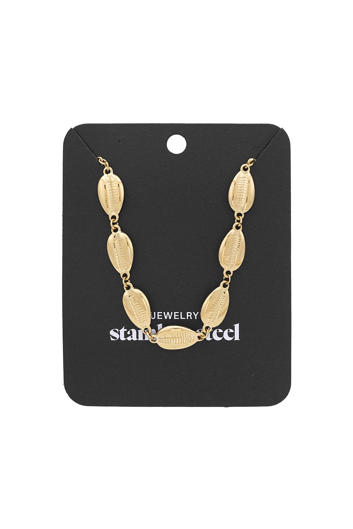Shell link gold chain necklace displayed neatly on a black jewelry card