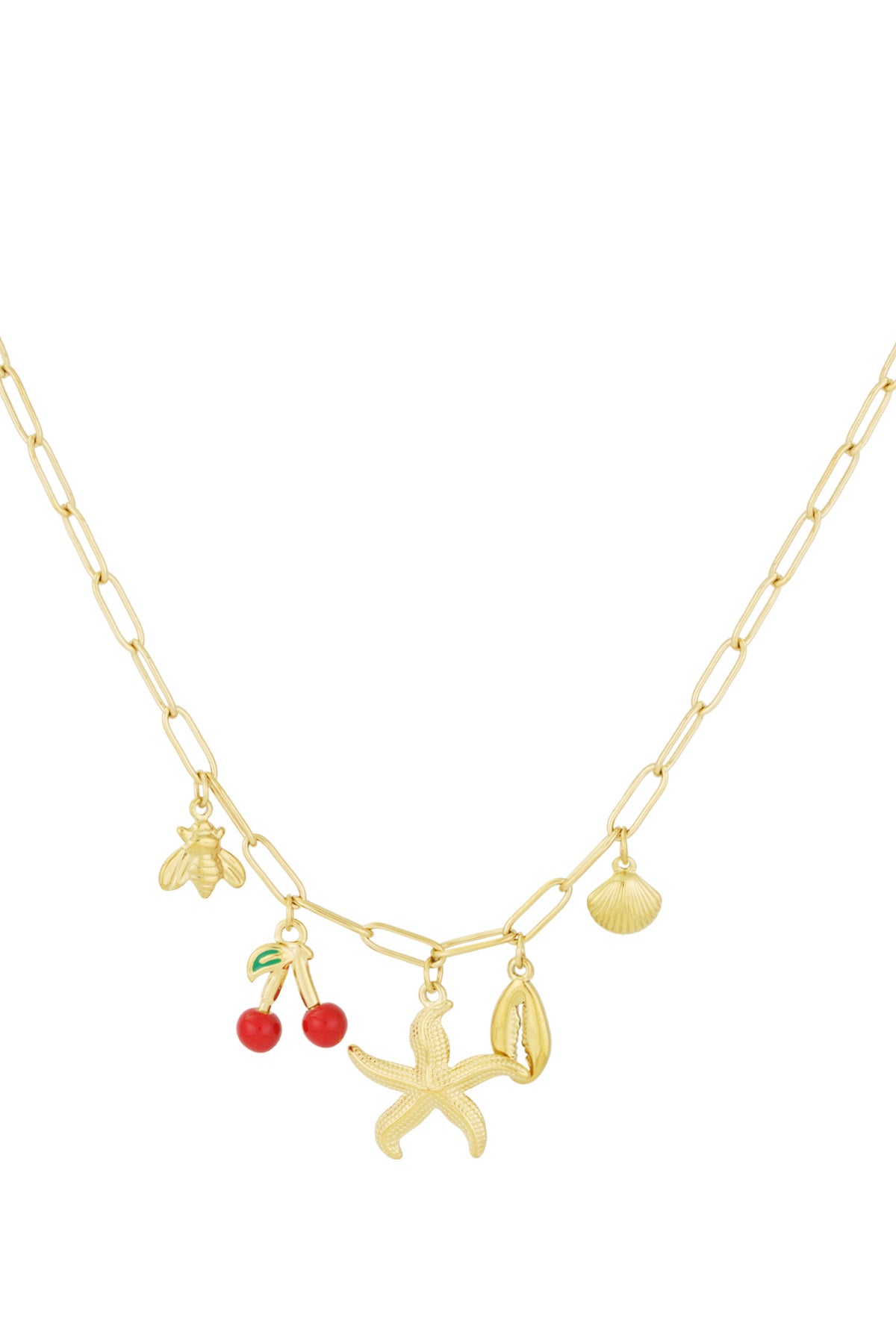Gold charm necklace with bee, cherry, starfish, cowrie shell, and seashell pendants on a paperclip chain