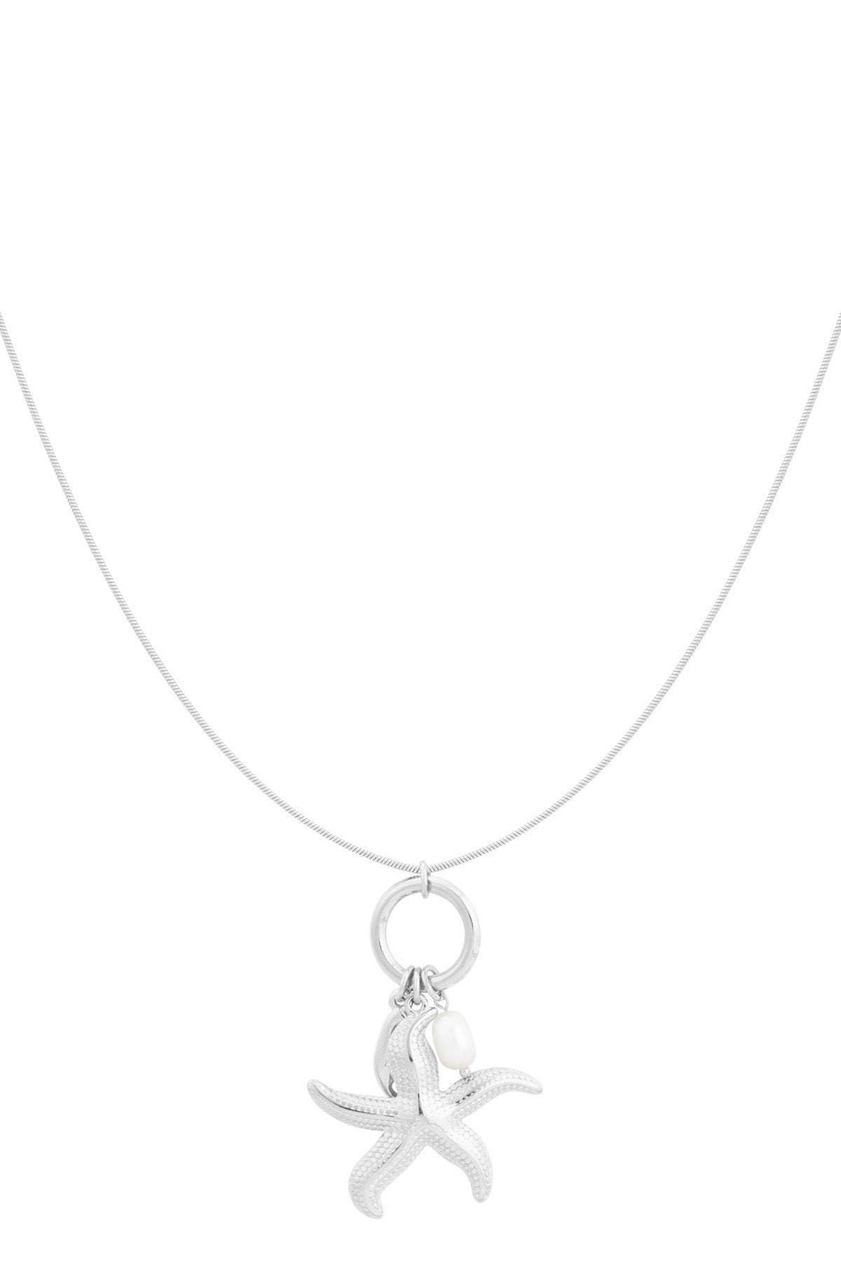 Silver starfish charm pendant necklace with pearl accent on a delicate chain against a white background
