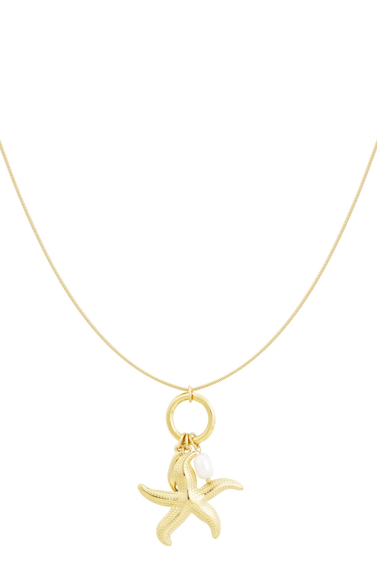 Gold starfish charm pendant necklace with pearl accent on a delicate chain displayed against a white background