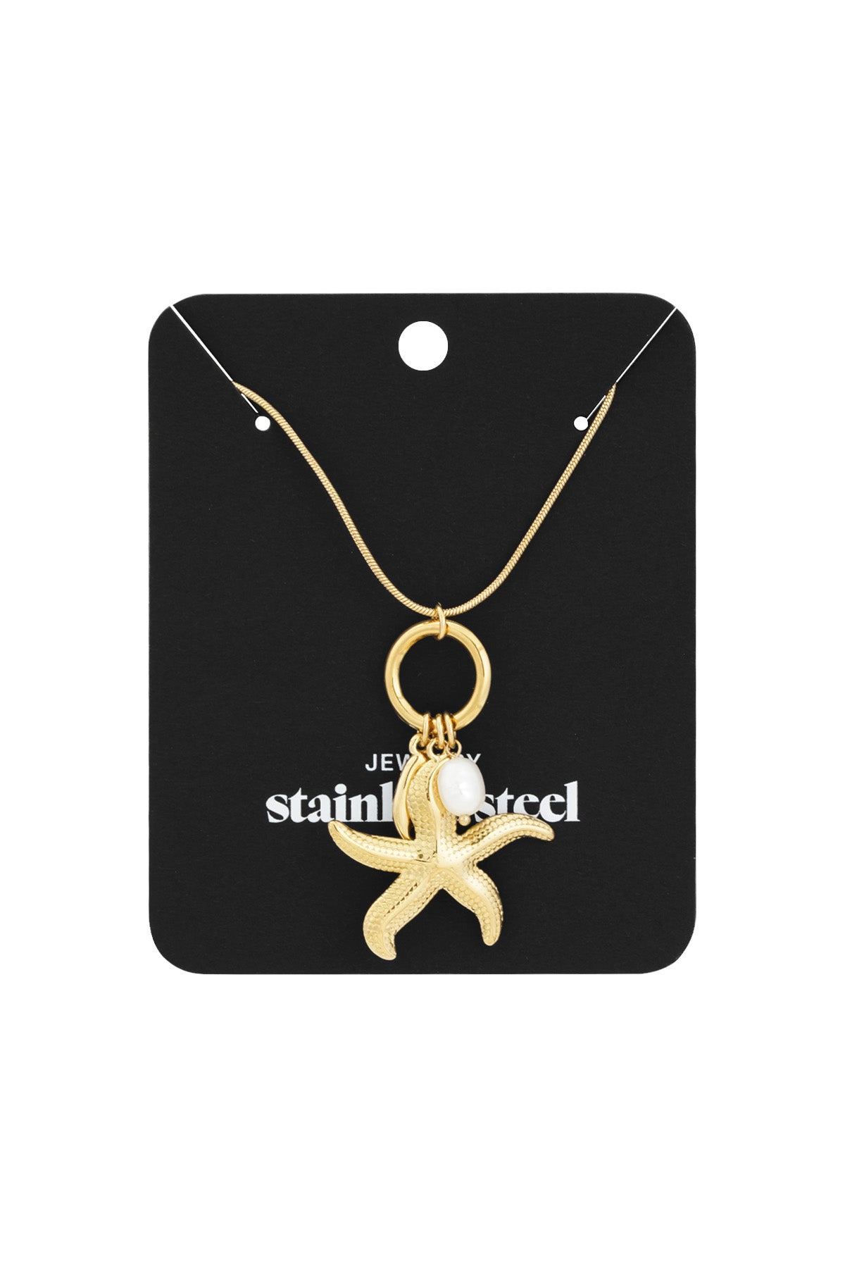 Gold starfish charm pendant necklace with pearl accent attached to a black display card labeled 'stainless steel' jewelry