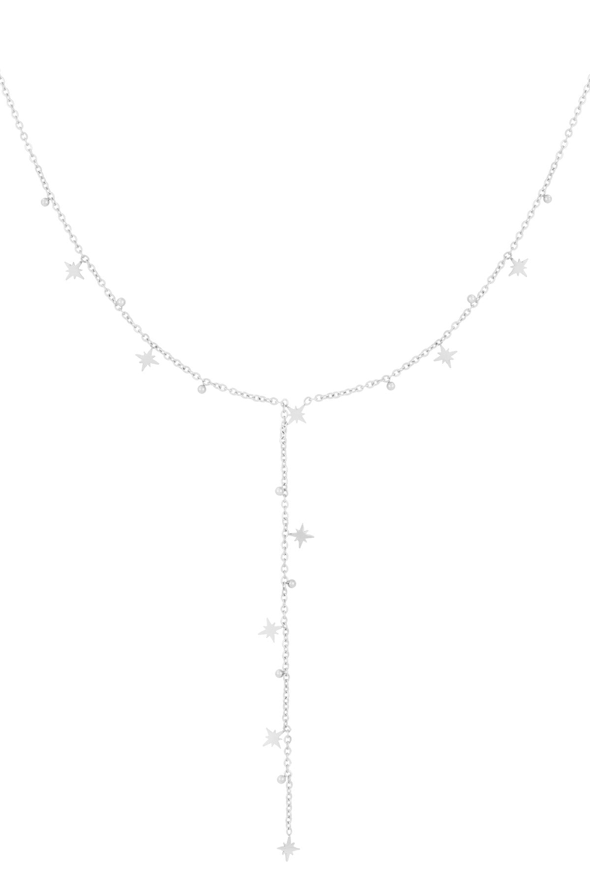 Silver version of the Y-drop star charm necklace with tiny beads hanging on a fine chain against a white background