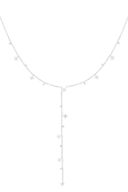 Silver version of the Y-drop star charm necklace with tiny beads hanging on a fine chain against a white background