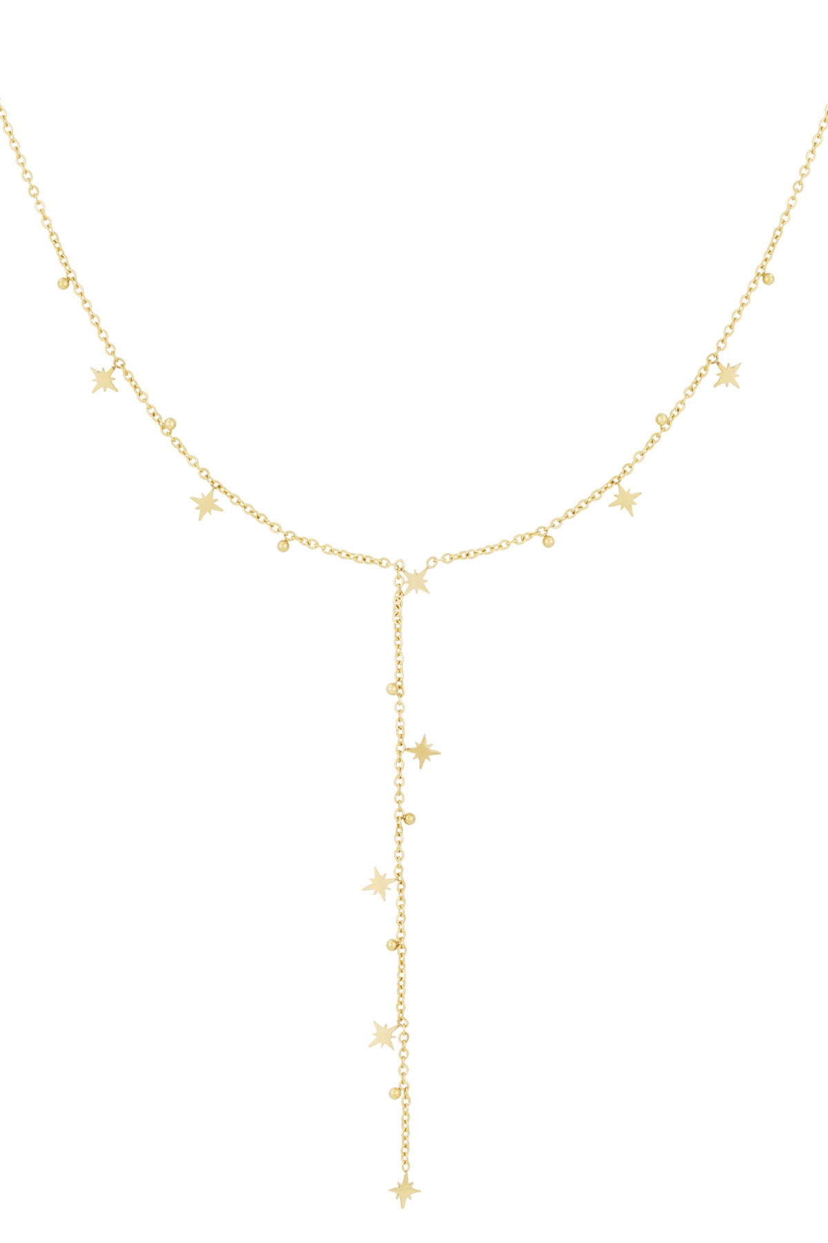 Gold Y-drop necklace featuring small star charms and tiny beads evenly spaced along a delicate chain