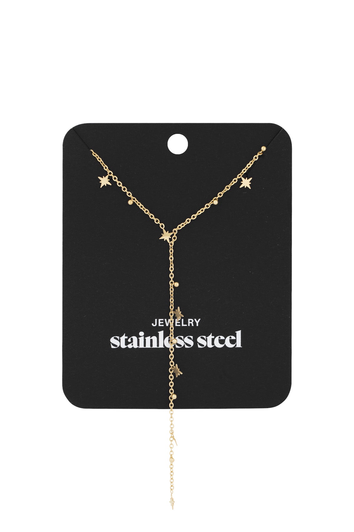 Gold Twinkle Star Drop Necklace displayed on a black card labeled 'stainless steel jewelry' highlighting the delicate drop design