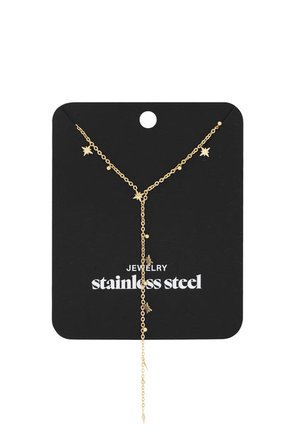 Gold Twinkle Star Drop Necklace displayed on a black card labeled 'stainless steel jewelry' highlighting the delicate drop design