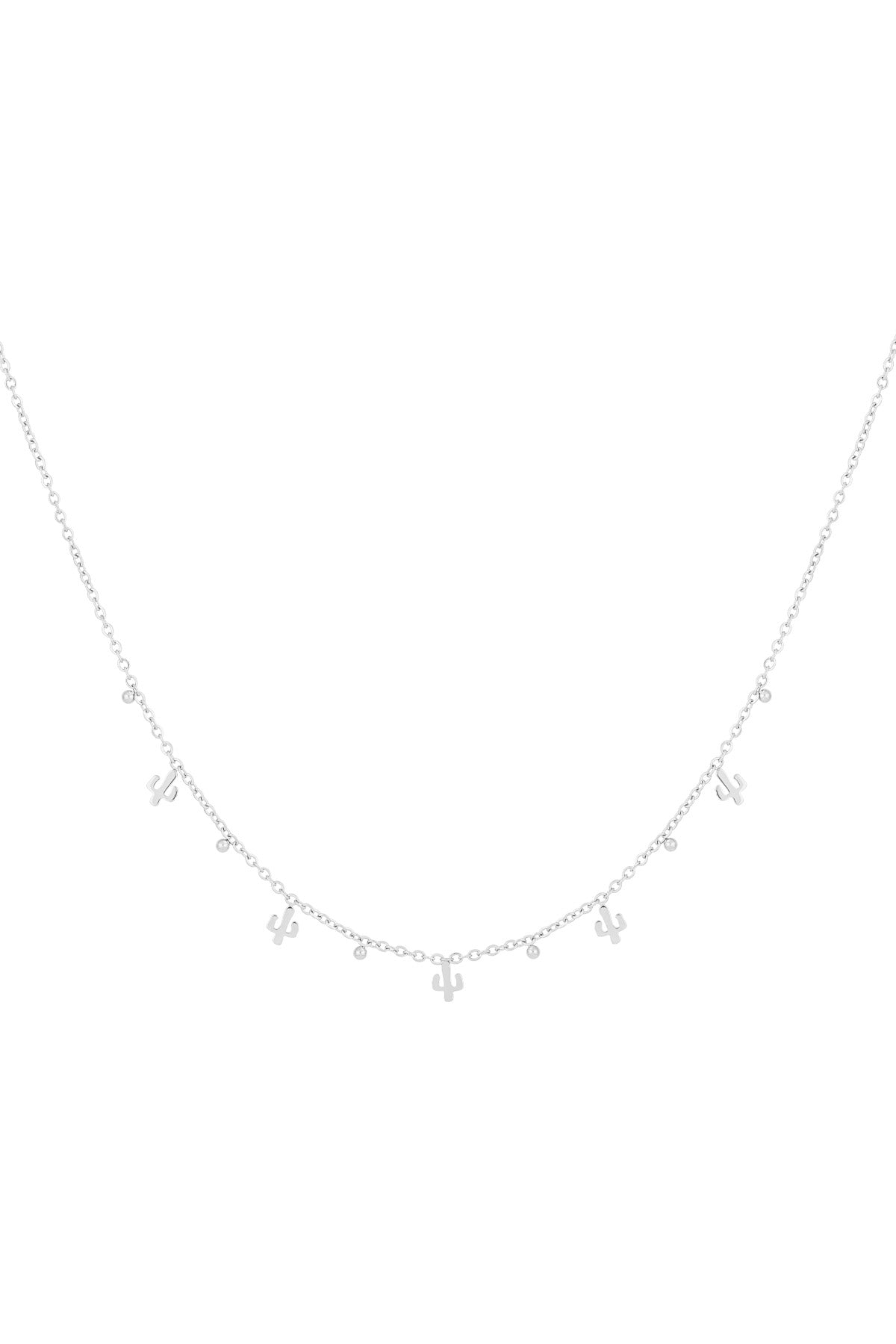 Silver cactus charm necklace with small cactus and bead pendants on delicate chain