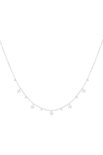 Silver cactus charm necklace with small cactus and bead pendants on delicate chain