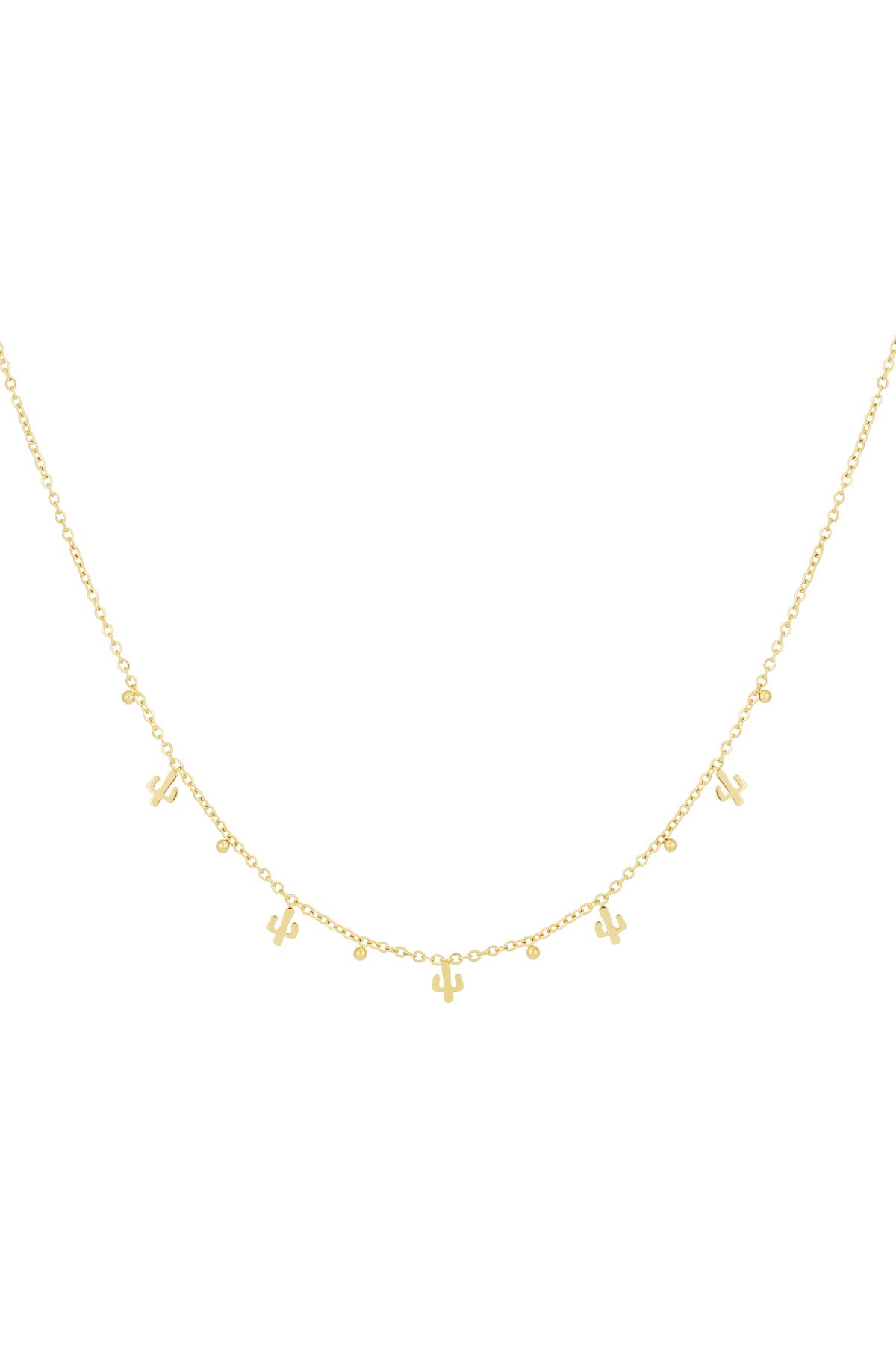 Gold cactus charm necklace with small cactus and bead pendants on delicate chain
