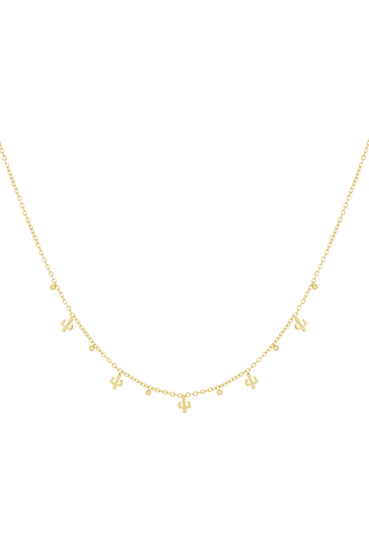 Gold cactus charm necklace with small cactus and bead pendants on delicate chain