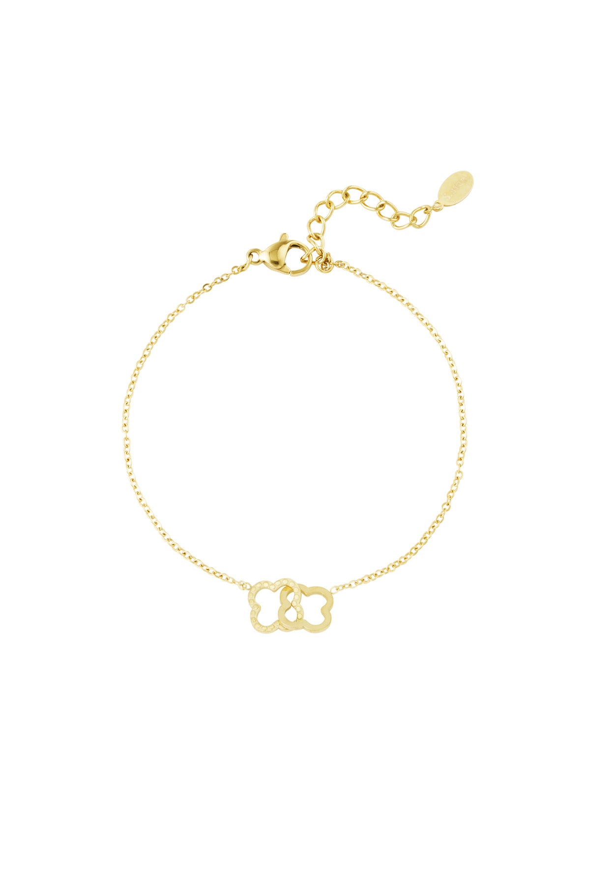 Gold stainless steel bracelet with two linked clover-shaped charms on a fine chain and adjustable clasp