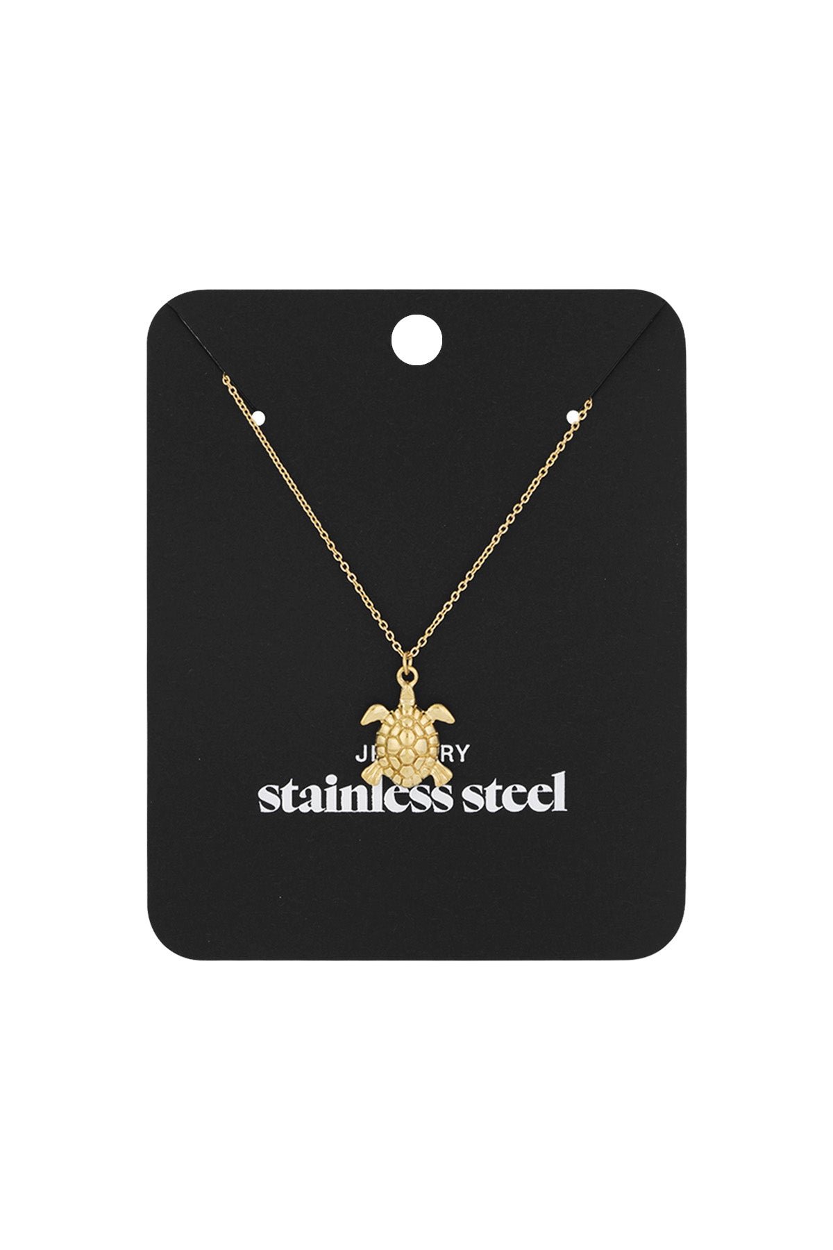 Gold turtle pendant necklace displayed on black card packaging with stainless steel label