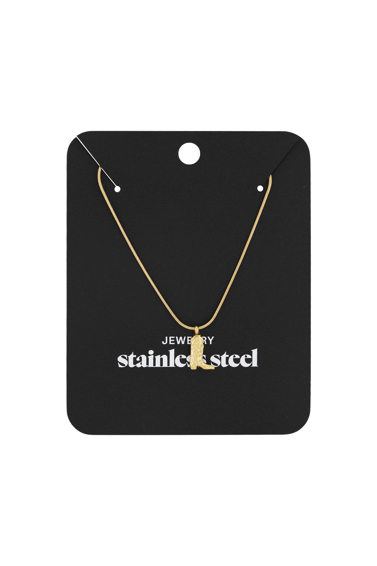 Gold cowboy boot pendant necklace displayed on black packaging labelled stainless steel jewelry