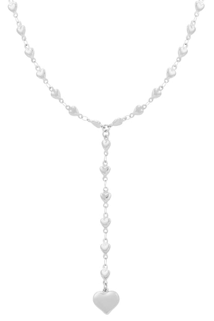 Silver heart chain necklace with dangling heart pendant on white background