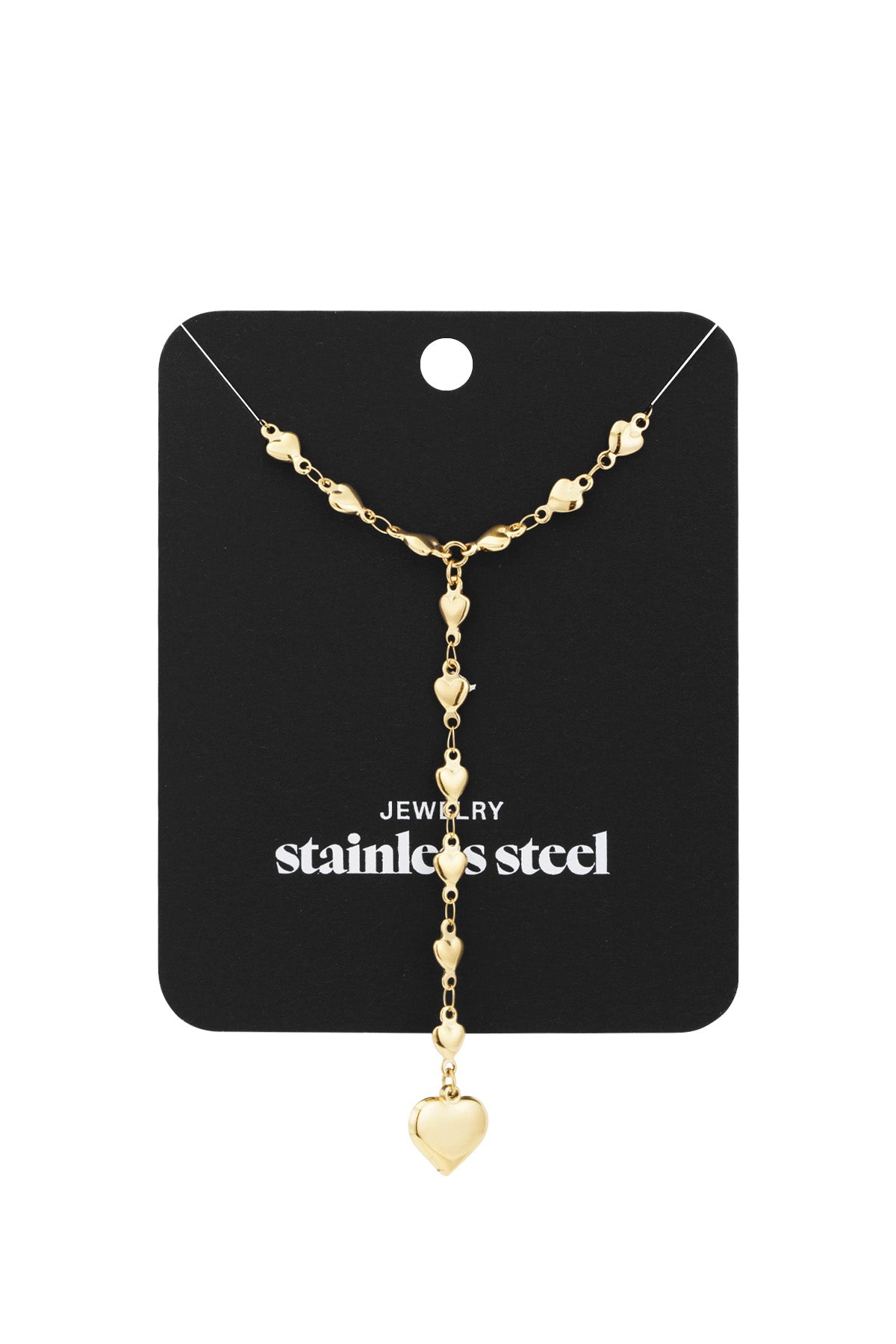 Gold heart chain necklace displayed on black stainless steel jewellery card