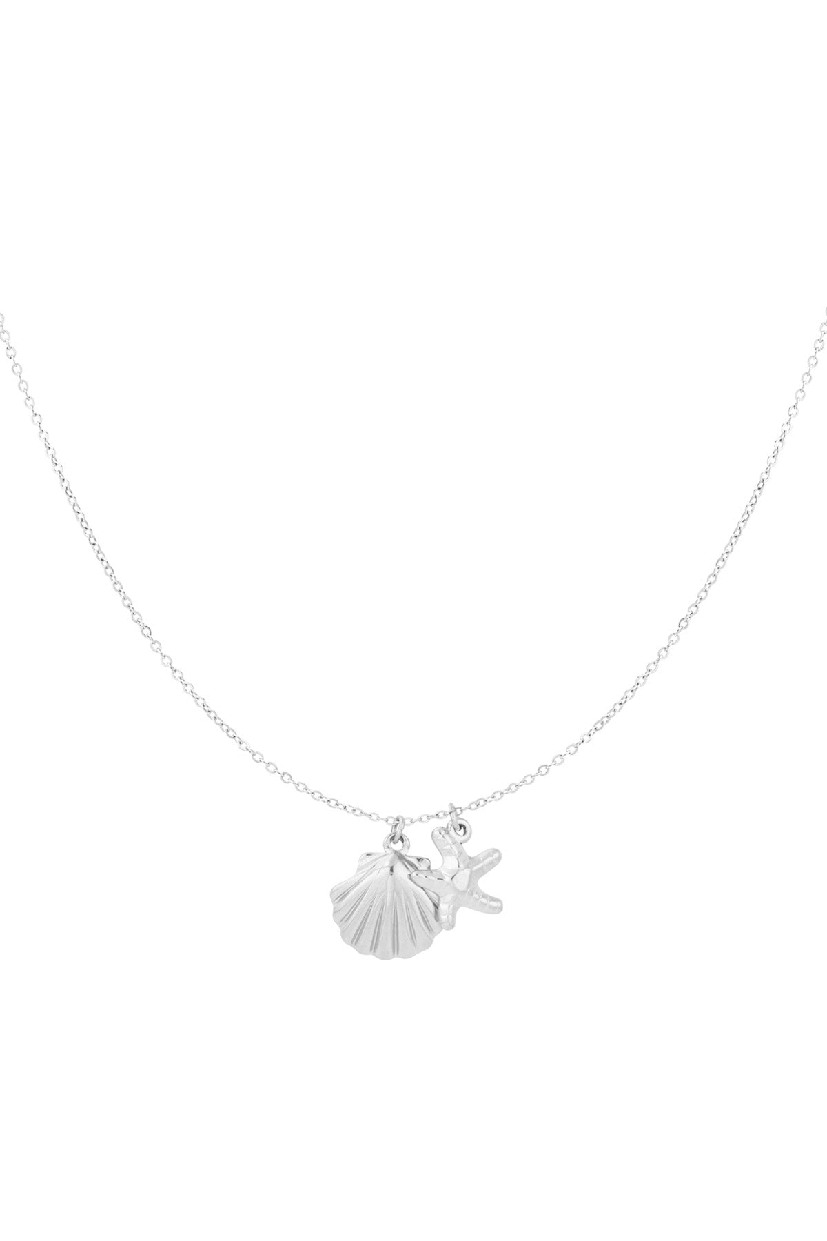 Silver pendant necklace featuring starfish and scallop shell charms on delicate chain, isolated on white background