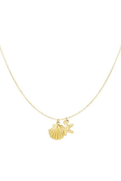 Gold pendant necklace with starfish and scallop shell charms on a delicate chain, isolated on white background