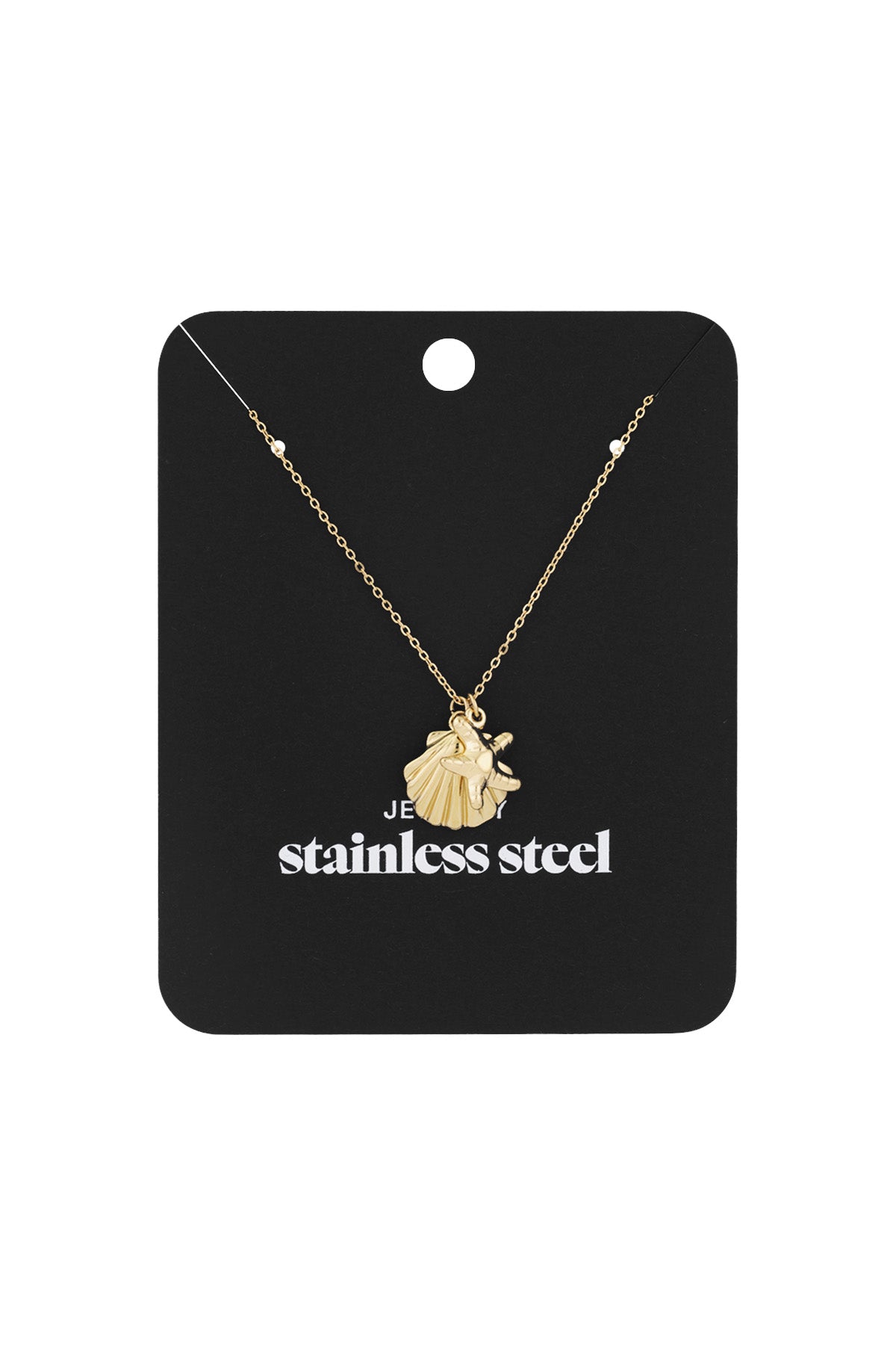Gold starfish and scallop shell charm necklace displayed on black card with stainless steel label
