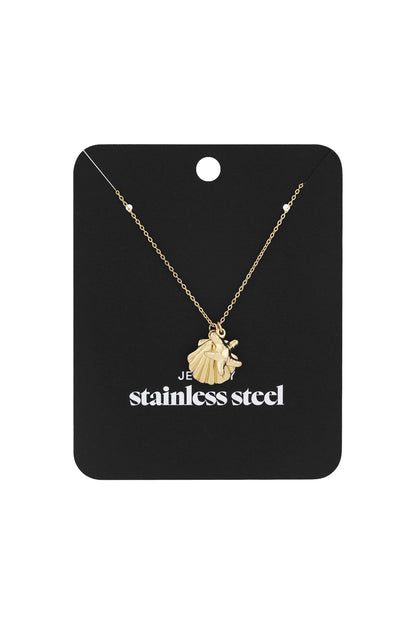 Gold starfish and scallop shell charm necklace displayed on black card with stainless steel label