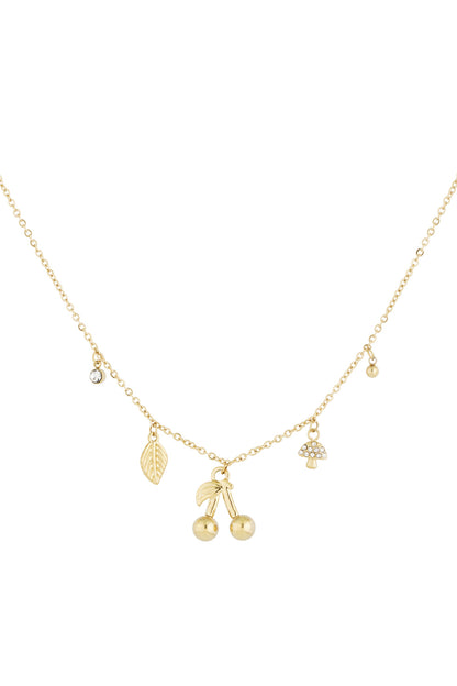Gold pendant necklace featuring cherry, leaf, mushroom charms and small accent beads on a delicate chain