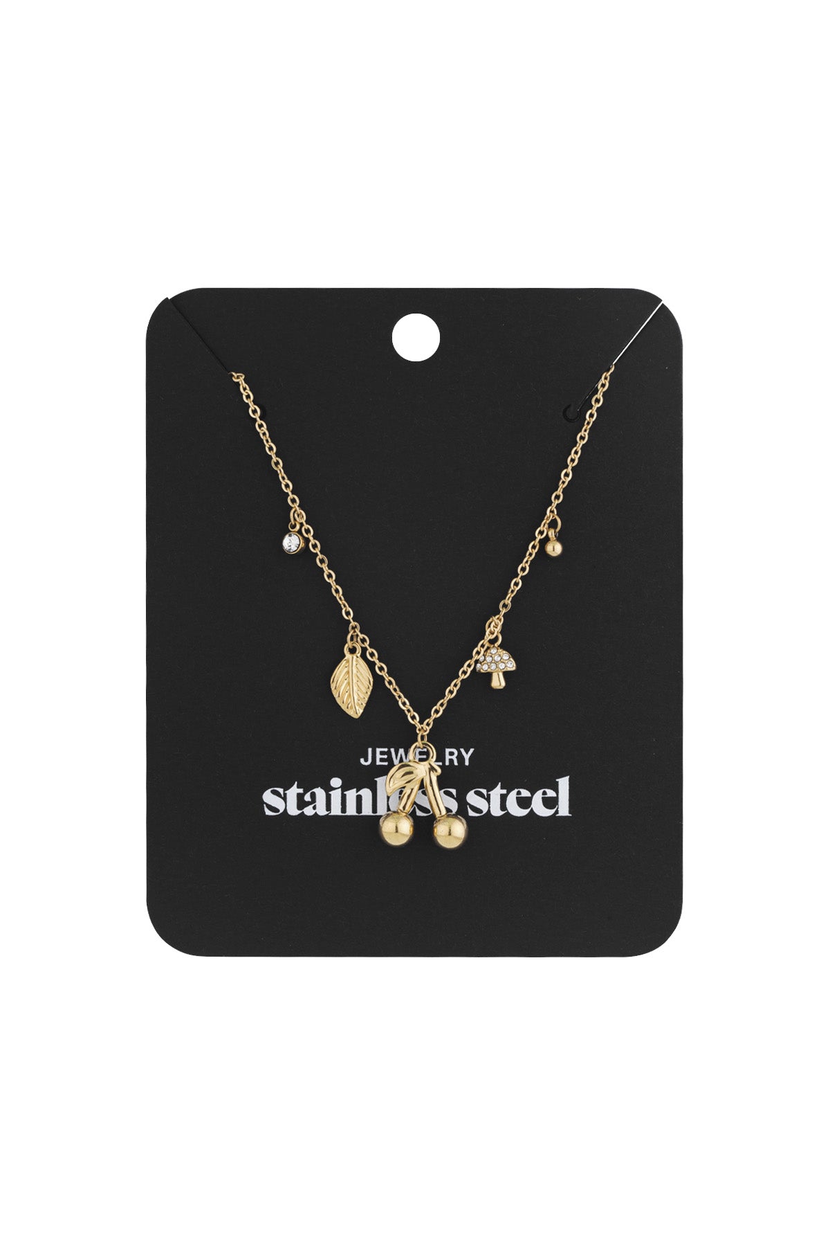 Gold charm necklace displayed on a black jewelry card reading 'stainless steel' with cherry, leaf, mushroom pendants