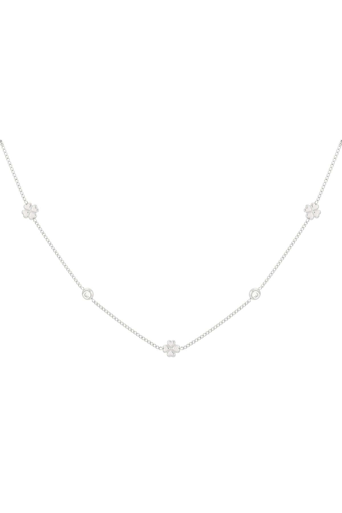 Silver-tone delicate chain necklace with four-leaf clover charms and rhinestones on a white background